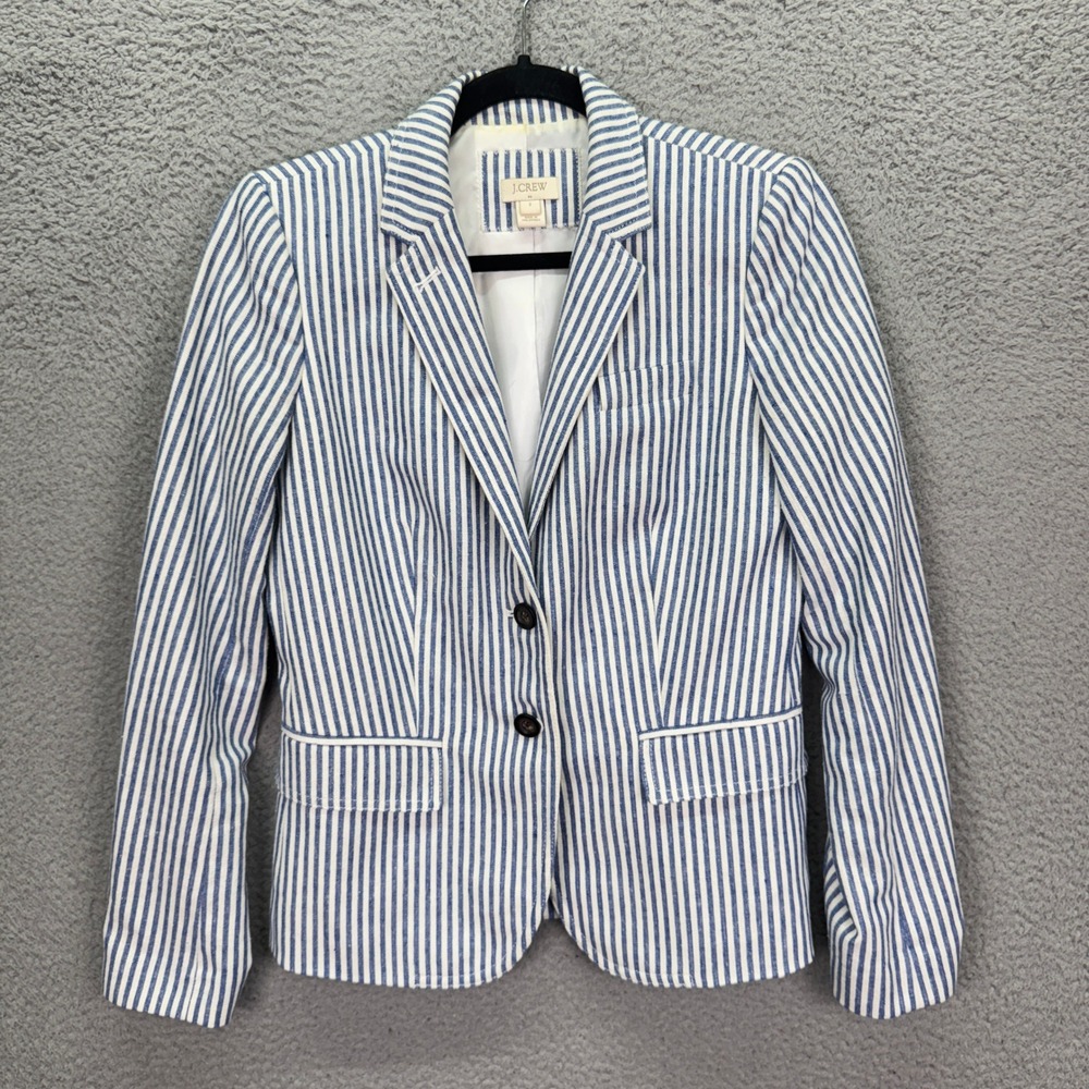 J Crew Blazer Womens 2 Blue White Striped Two Button Jacket Preppy Nautical